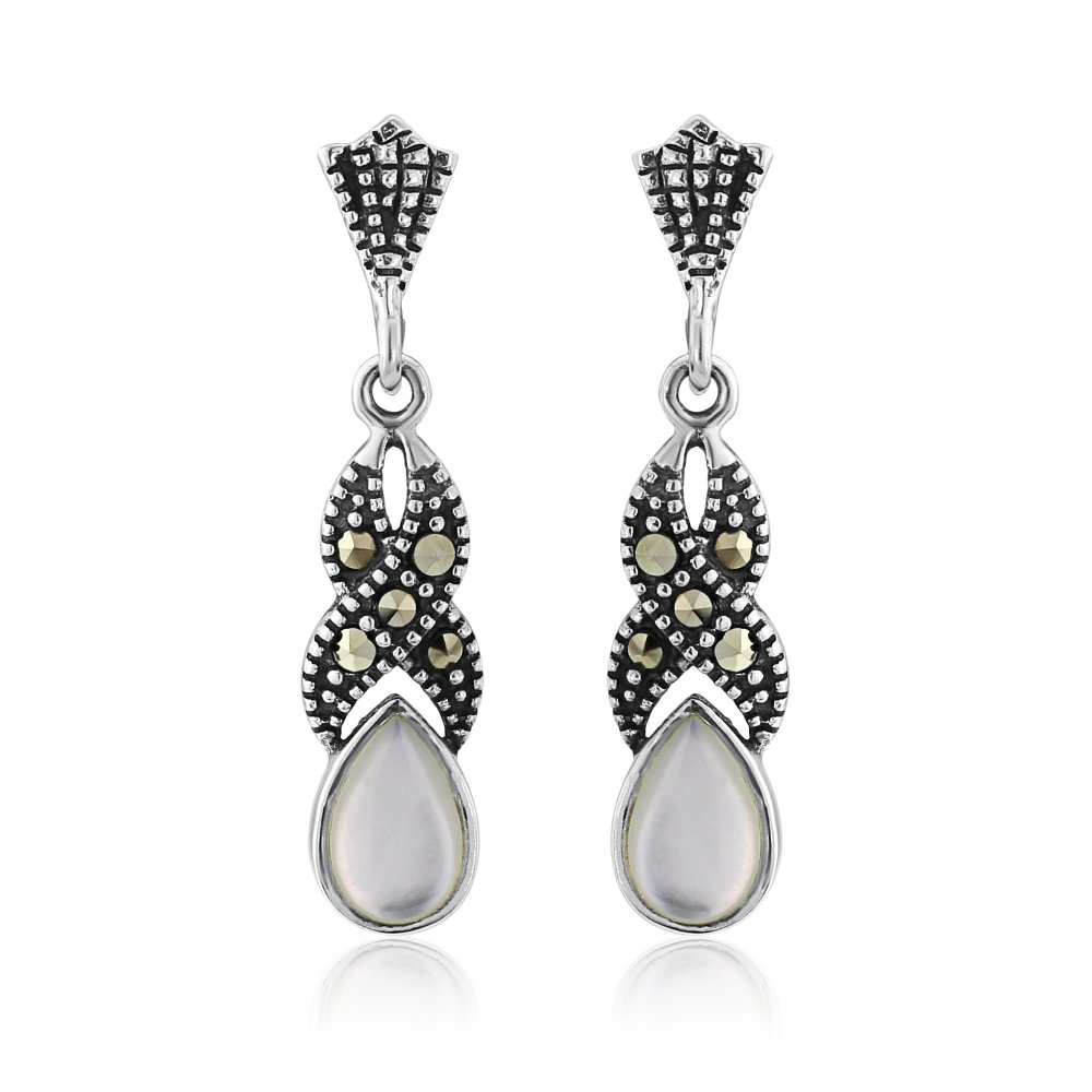 Ladies Mother of Pearl & Marcasite Sterling Silver Stud Earrings eBay